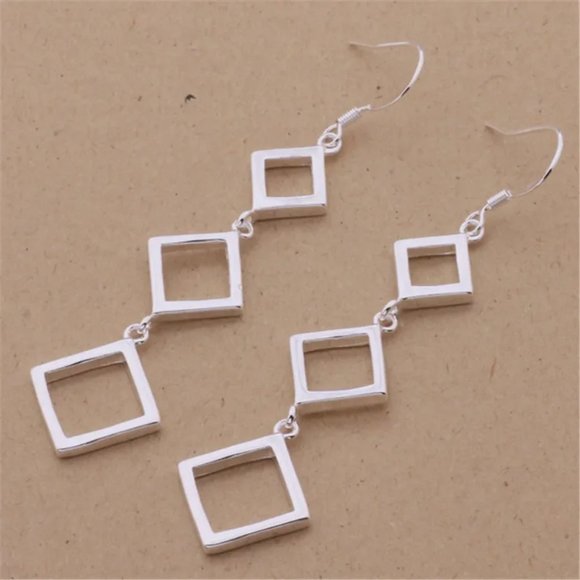 Gorgeous Hypoallergenic Hanging Squares 925 Sterling Silver 3 Inch Long Earrings - Picture 2 of 6